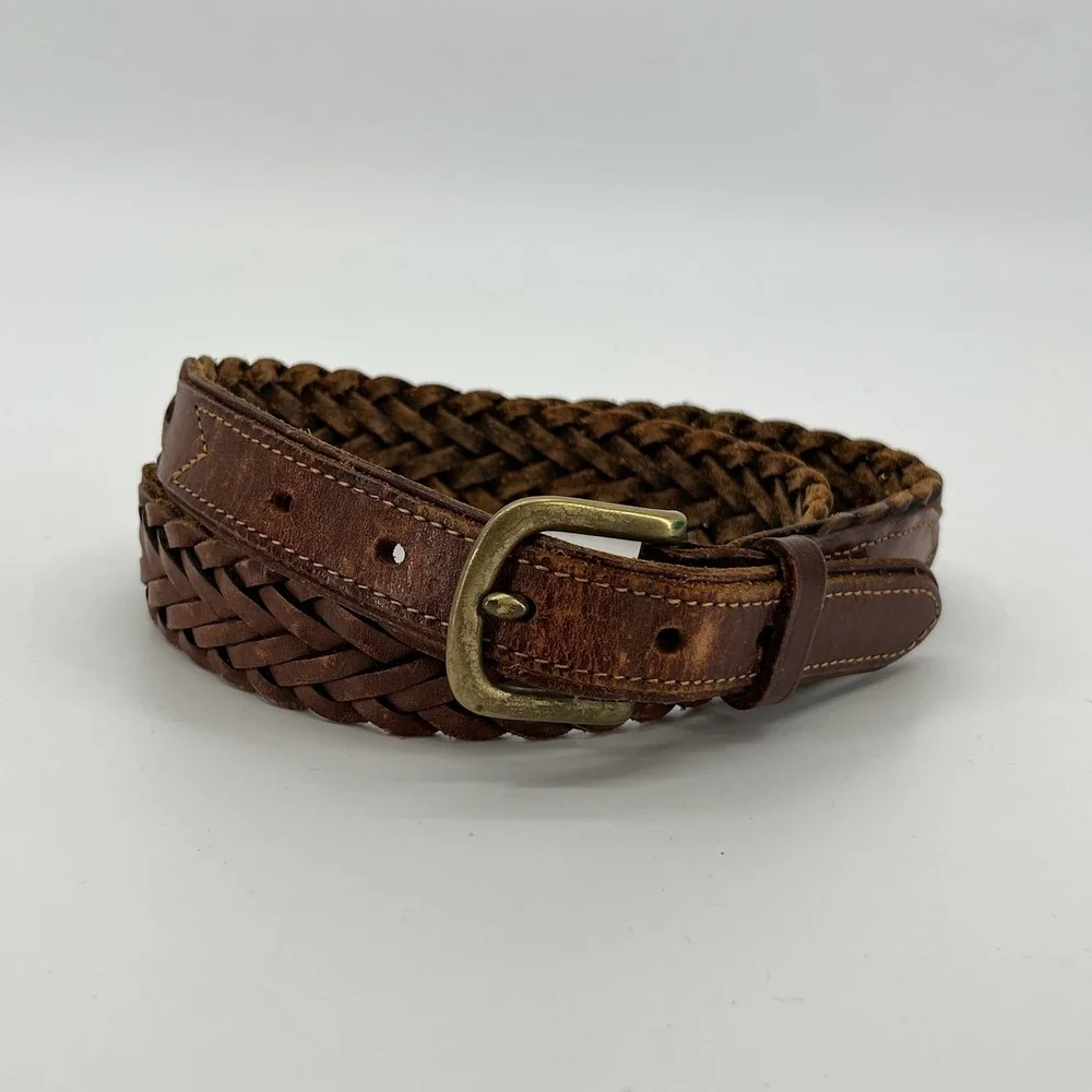 Braided Leather Belt Mens 30 Brown Woven Solid Brass Buckle Boho Western Rustic